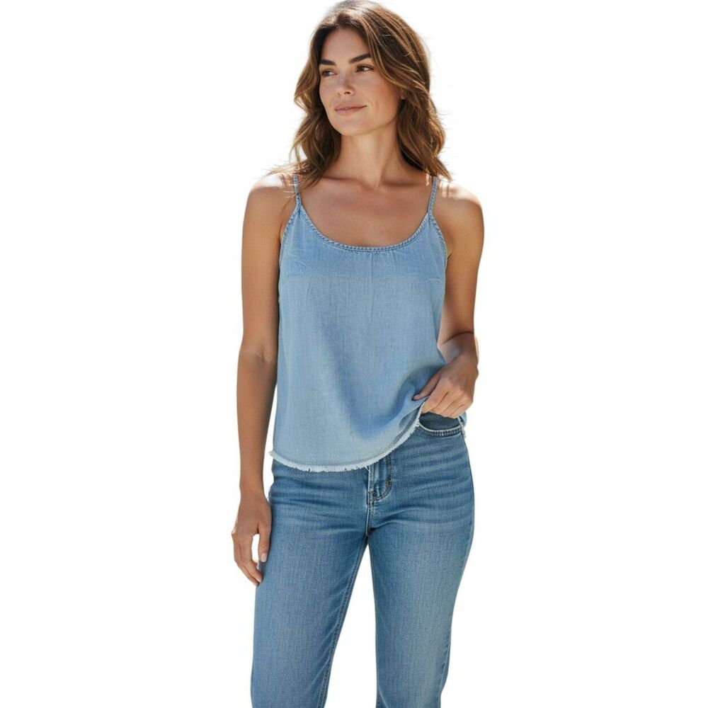 Blue Denim Look circle Neck women's sleeveless top Size M #93